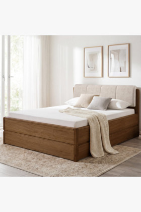 Eichenbett 200x200 cm Wildeiche gebrannt Stoffkopfteil ekru